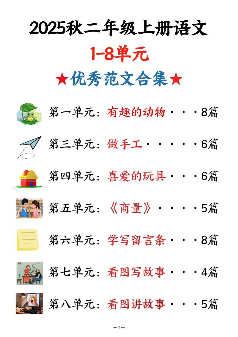 25秋二上语文1-8单元优秀范文合集（22页）-HEIXXXMI