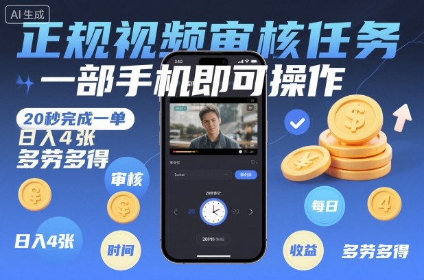 正规视频审核任务，一部手机即可操作，20秒完成一单，日入4张，多劳多得【揭秘】-HEIXXXMI