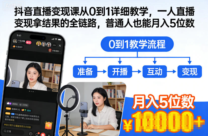 抖音直播变现课从0到1详细教学，一人直播变现拿结果的全链路，普通人也能月入5位数-HEIXXXMI