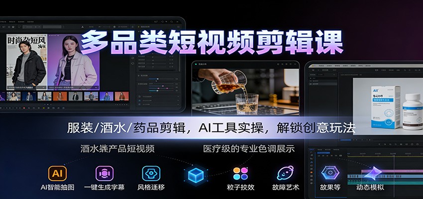 多品类短视频剪辑课：服装/酒水/药品剪辑，AI工具实操，解锁创意玩法-HEIXXXMI