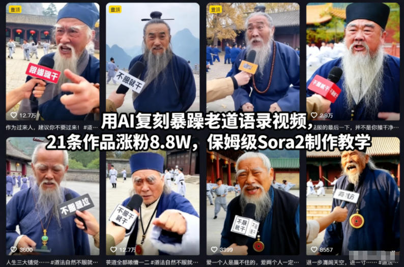 用AI复刻暴躁老道语录视频，21条作品涨粉8.8W，保姆级Sora2制作教学-HEIXXXMI