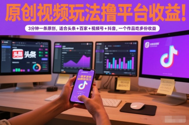 原创视频玩法撸平台收益，3分钟一条原创，适合头条+百家+视频号+抖音，一个作品吃多份收益-HEIXXXMI