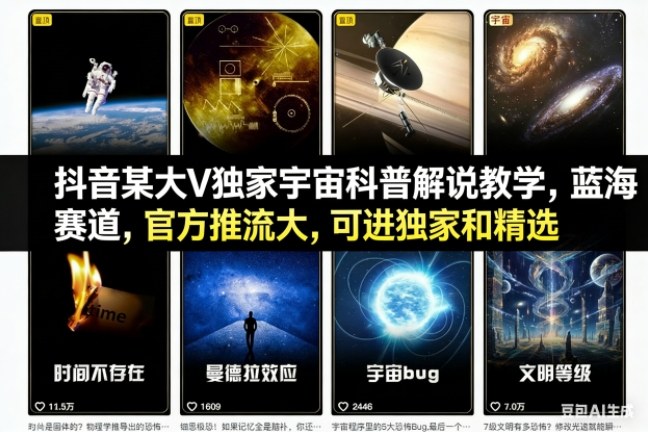抖音某大V独家宇宙科普解说教学，蓝海赛道，官方推流大，可进独家和精选-HEIXXXMI