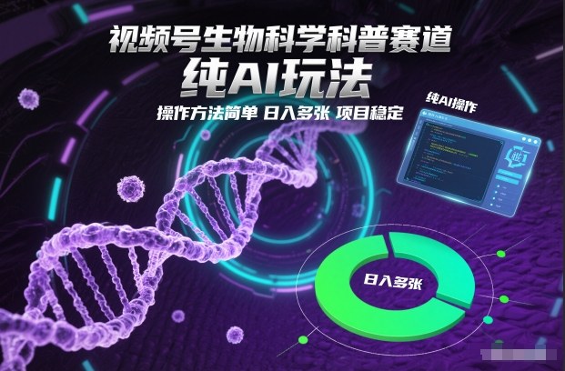 视频号生物科学科普赛道，纯AI玩法，操作方法简单，日入多张，项目稳定-HEIXXXMI