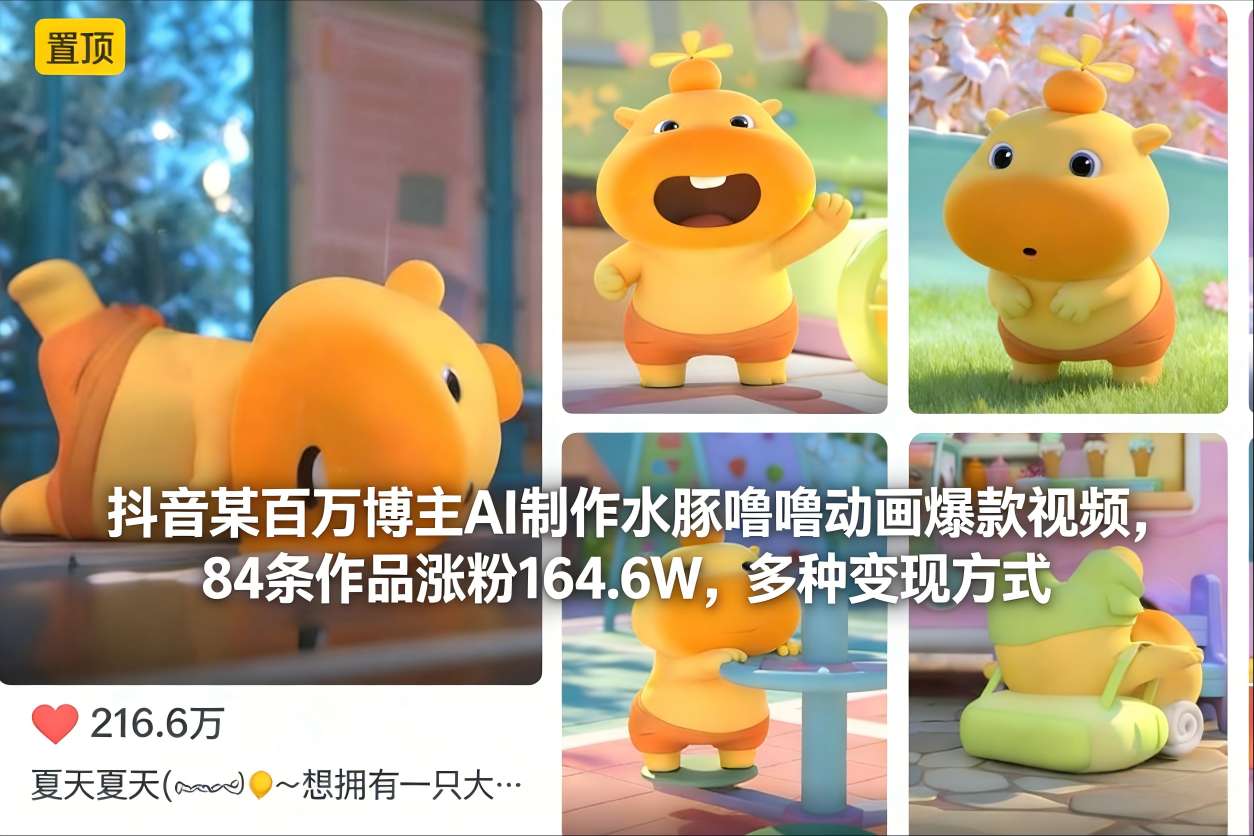 抖音某百万博主AI制作水豚噜噜动画爆款视频，84条作品涨粉164.6W，多种变现方式-HEIXXXMI